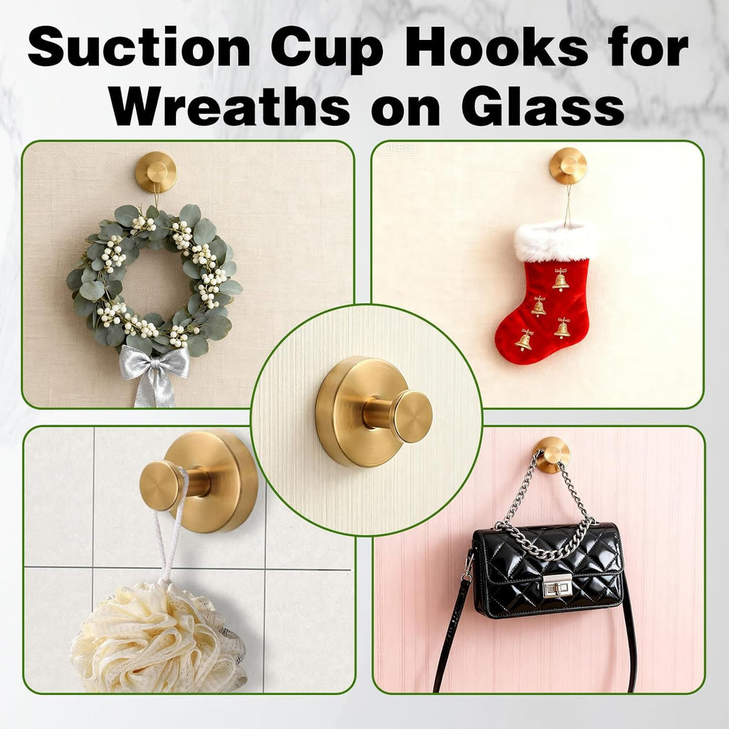 Skiennix Suction Cup Hooks - No-Drill Bathroom Towel Holders | 2Pcs Gold for Showers & Mirrors