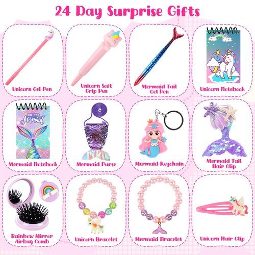 Labeol Advent Calendar 2025 Girls, Christmas Kids Advent Calendar 2025, 24 Days Surprise Xmas Countdown Gifts with Hair Accessories, Jewelry, Stationery,Coin Purse for Kids Girls Toddlers Party Favors