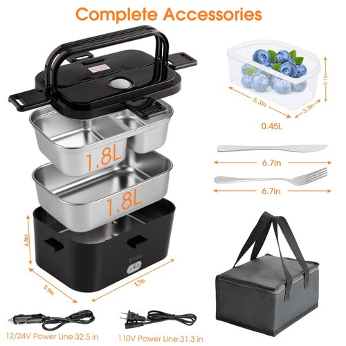 Kabbas 1.8L Portable Electric Lunch Box for Adults, 100W Heated Lunch Box for Men with Removable Dual Container, Fast Heating Food Warmer, 12V/24V/110V for Car Truck Office lonchera eléctrica portátil