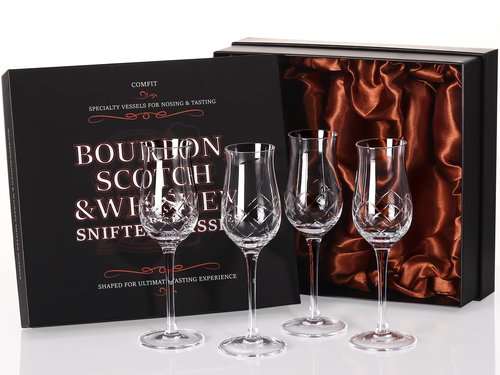 Engraved Crystal Snifter Glasses for Whiskey, Brandy & Cognac – Set of 4 Small 4oz Tulip Copitas – Elegant Cut Glass Tasting Glasses for Neat Liquor & Spirits