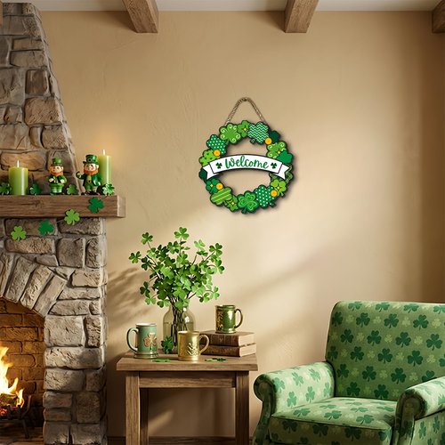 St. Patrick’s Day Decorations, Welcome Shamrock Door Sign, Clover Wooden Hanging Sign, St. Patrick’s Day Shamrock Wreath Door Hanger for Front Door Porch Wall Entryway