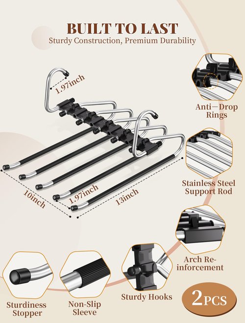 MERDTTES Pants Hangers 2 Pack Space Saving Metal Closet Organizer, Anti-Slip Design, Multi-Layer Space Saving Hangers, Closet Organizers and Storage for Jeans, Trousers, Skirts, Scarves, Slacks, Black