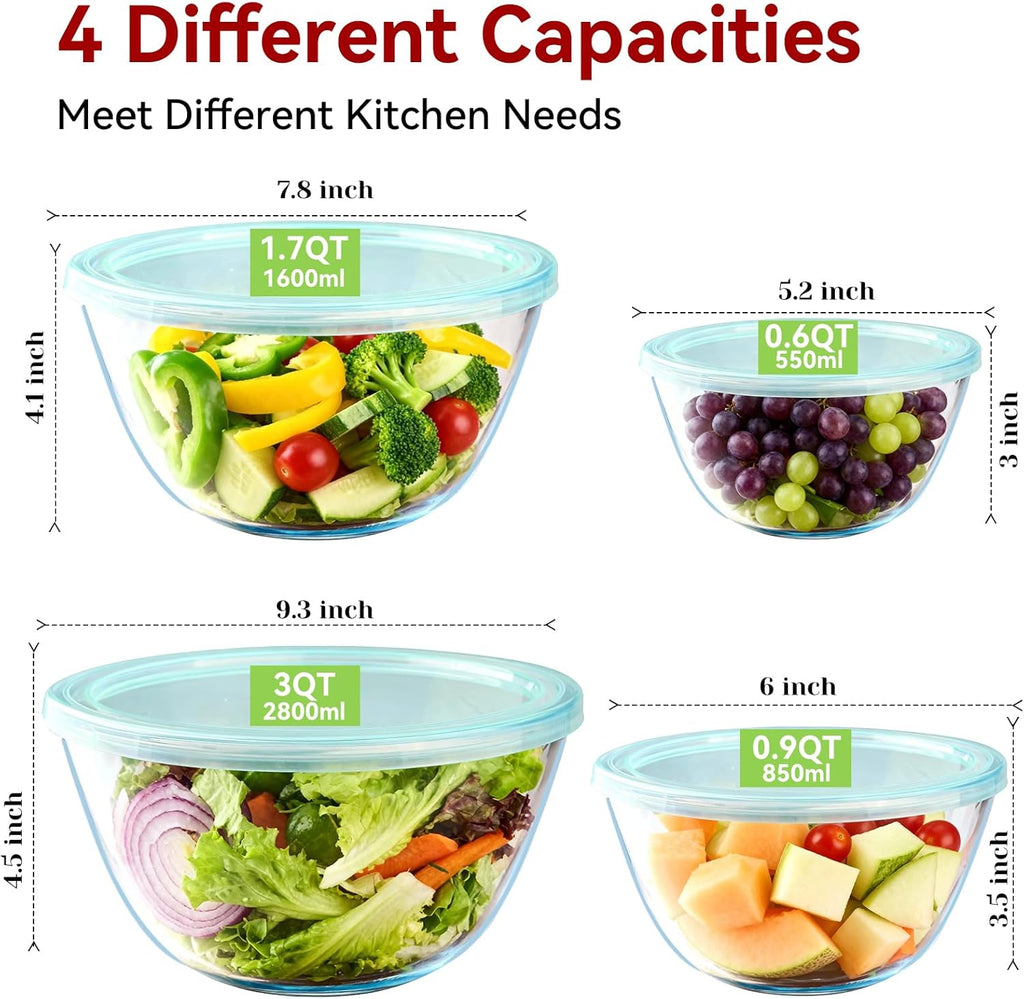 YUANYE Glass Mixing Bowls Set - 4 Pack with Lids | Thick, Nesting Kitchen Bowls for Cooking & Baking (3/1.7/0.9/0.6QT)