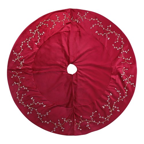 Bunny Chorus Christmas Tree Skirt, 60 inches Classic Large Velvet Fur Plush Red Tree Skirt, Baroque Tree Skirts with Gold Embroidered Pearls and Crystals for Merry Christmas