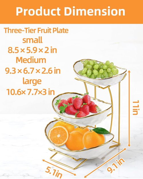 Niuirt Fruit Bowl for Kitchen Counter, 3-Tier Fruit Basket, Ceramic Fruit Bowl with Metal Stand for Fruit, Vegetable Storage, Snack, Nuts, Dessert, Cake, Stylish & Cute