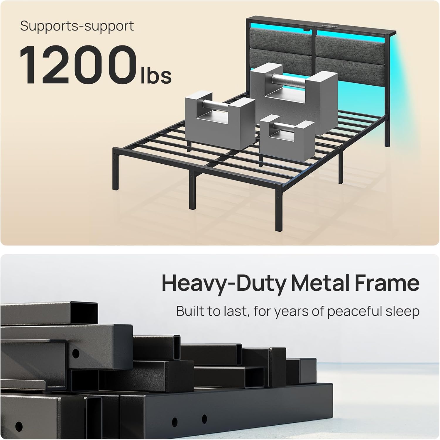 Rolanstar Full Size Bed Frame - Upholstered Storage Headboard with Charging Station & LED Lights | Grey