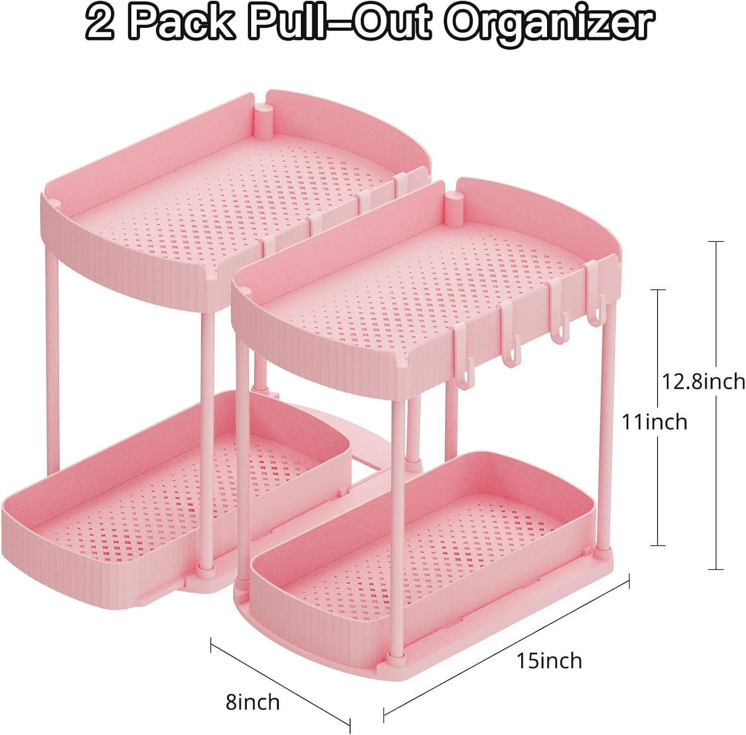 Ukeetap Multi-Purpose Pull-Out Storage Organizers - Under Sink & Cabinet, 12.8 Inch Pink (2 Pack)