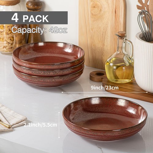 HAPPY KIT 9'' Large Pasta Bowls, 42 Oz, Stoneware Reactive Glaze Salad Bowl Set of 4, Ceramic Serving Bowls for Fruit,Soup,Noodle, Dinner, Scratch Resistant, Rust Red