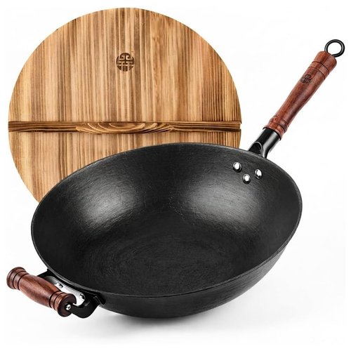 WANGYUANJI 14.2 Inch Cast Iron Wok with Wooden Lid & Handle, Flat Bottom Stir Fry Wok Pan, Turtle-Pattern Textured Uncoated Large Wok Skillet for Induction, Gas & Electric (Seasoning Required)