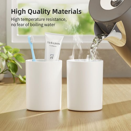 Toothbrush Cup 13.75oz 390ml with Non-Slip Pad, Easy to Clean Bathroom Cup 2Pcs, Reusable Plastic Bathroom Tumbler, White