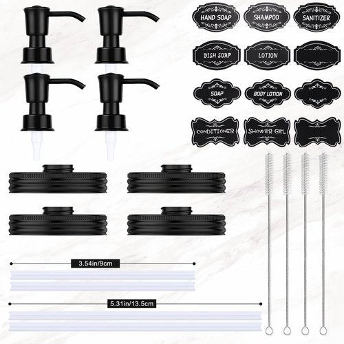 Watsango Plastic Soap Dispenser Set, 1.2CC Rustproof Pump and Lids for Regular Mouth Mason Jars, Quick Assemble Accessories for Farmhouse Kitchen Bathroom Counter Decor - 4 Pack Black