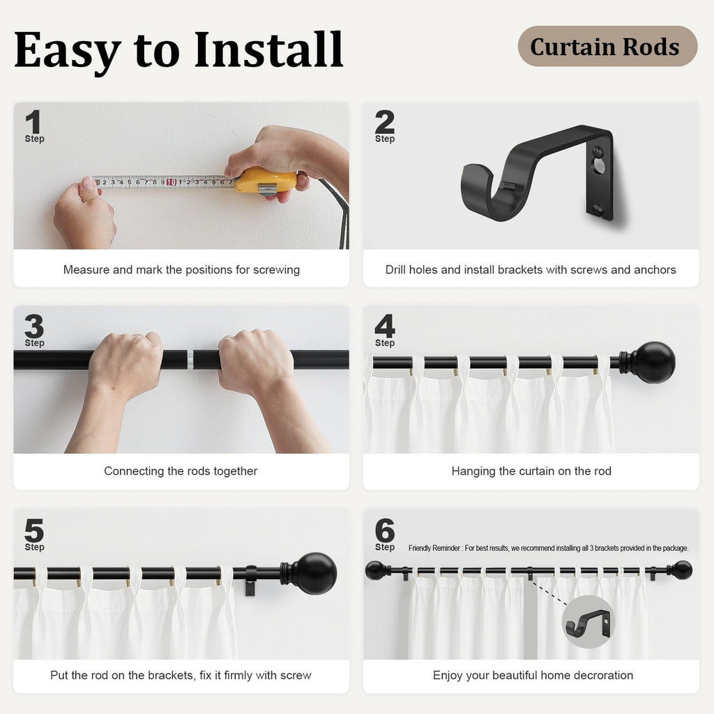Skiennix Black Curtain Rods - Heavy Duty Metal Adjustable 72-144 Inch for Blackout Window Treatments