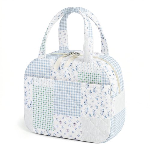 WOBAGMEN Quilted Lunch Box for Women,Coquette Aesthetic Lunch Box for Teen Girls,Cute Floral Lunch Bags for Work, School,Office,Picnic,Travel (green blue pin)