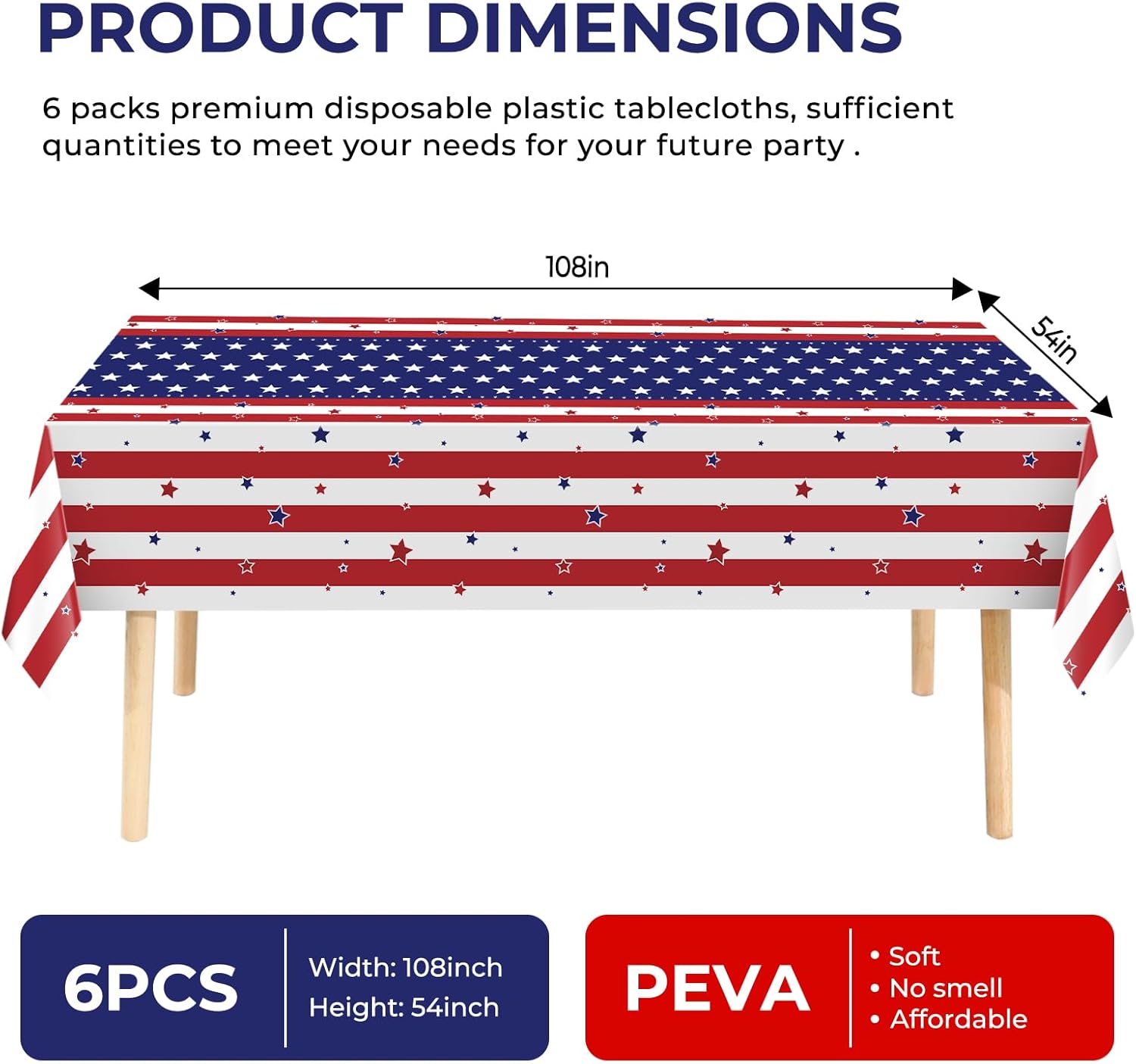 Skiennix 6 Pack Disposable Plastic Tablecloths - Patriotic American Flag Design, 54" x 108" for Memorial Day Celebrations