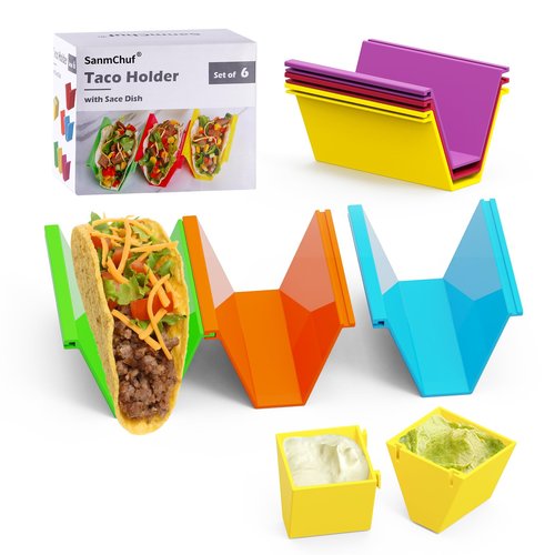 SanmChuf Microwave Safe Taco Holder Set of 6, Colorful Taco Holder Set 2 Sauce Cups, Connectable & Stackable Plastic Taco Stands, Microwave & Dishwasher Safe, Great for Family Meals & Taco Nights
