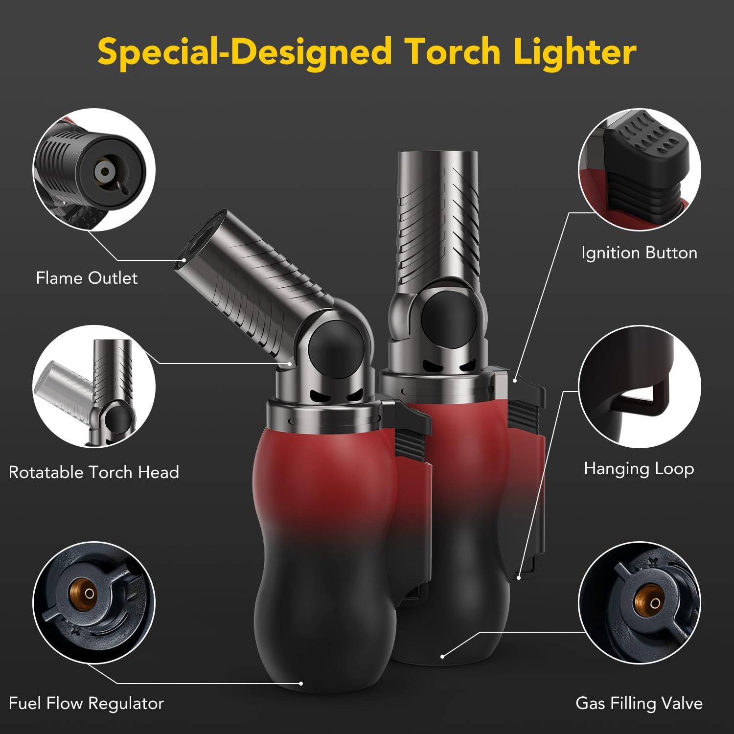 TBTeek Torch Lighter - Portable Kitchen Torch with 45° Rotatable Head & Adjustable Flame | Refillable Butane for Cooking, BBQ, Fireplaces - Red-Black