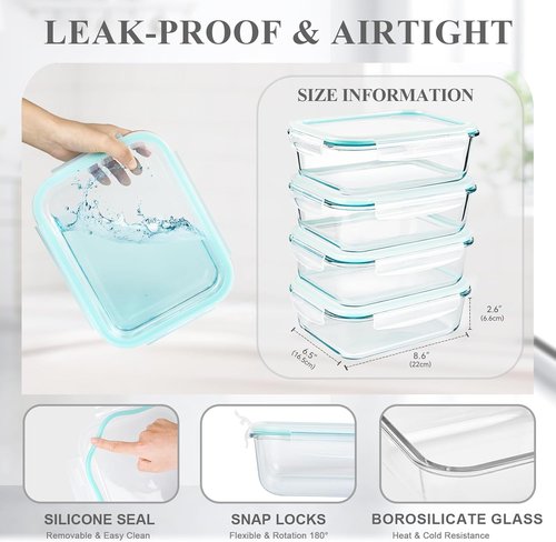 GEHE Large Glass Food Storage Containers - 52 oz Airtight Meal Prep Set with Lids | Microwave & Dishwasher Safe
