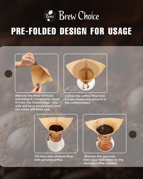 Brew Choice 100ct Pre-folded Unbleached Cone Coffee Filters, Upgraded 30% Thicker Natural Paper for Pure Taste, Compatible with Chemex Pour-Over Coffee Makers
