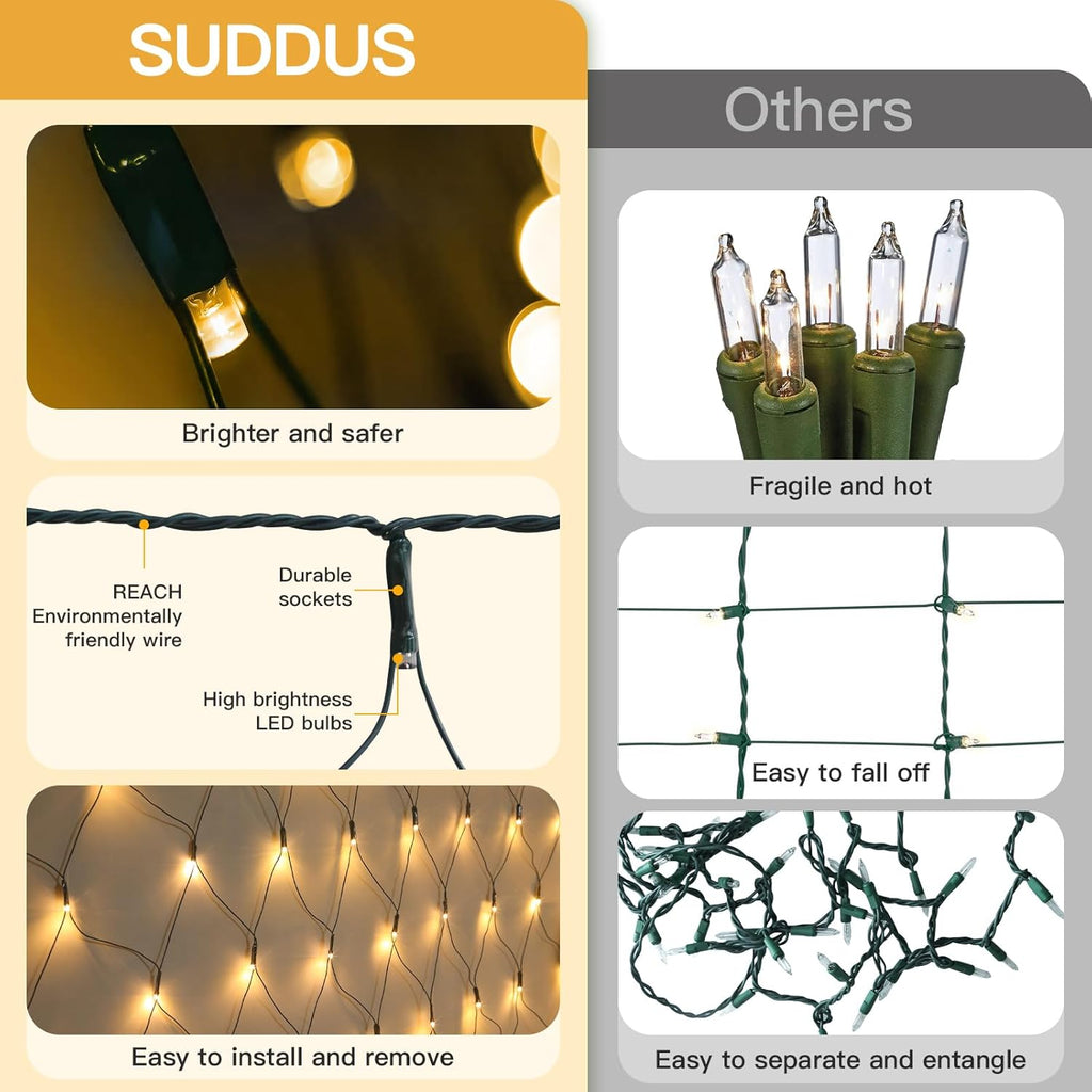 Suddus 360 LED Christmas Net Lights - Waterproof Connectable Green Wire | 12ft x 5ft Warm White Bush Lights
