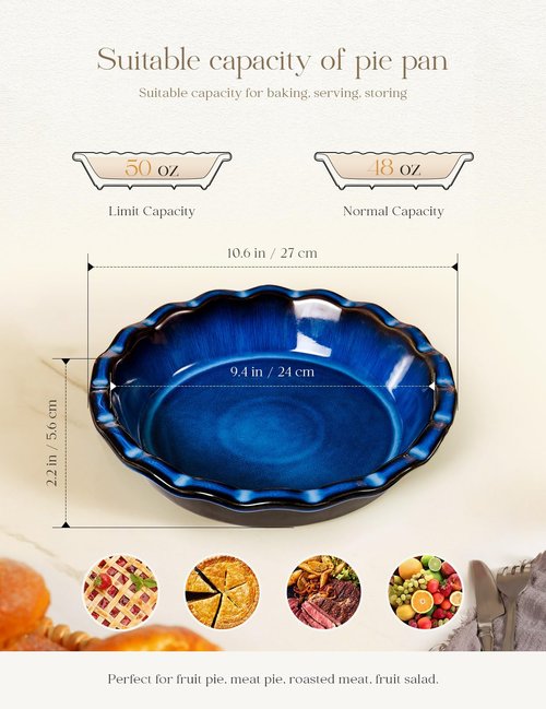 AISBUGUR Pie Pan for Baking 9 Inch Ceramic Pie Dish Quiche Baking Dish Non-Stick Dishwasher & Oven Safe (Reactive Glaze Blue)