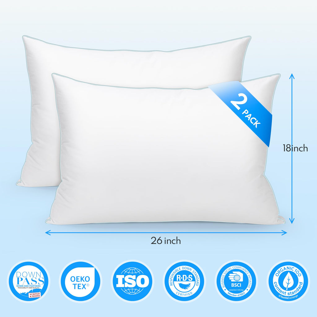 HEYCUZI Goose Feather Down Pillows - Bed Pillows Queen Size Set of 2 for Sleeping Hotel Soft, Cotton Cover Fluffy Support Gusseted Pillow for Side Back, Stomach,Sleepers White