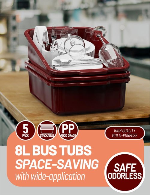 5-Pack Commercial Bus Tubs Box/Tote Box, Wine Red Plastic Storage Bin with Handles/Wash Basin Tub (8 Liter)