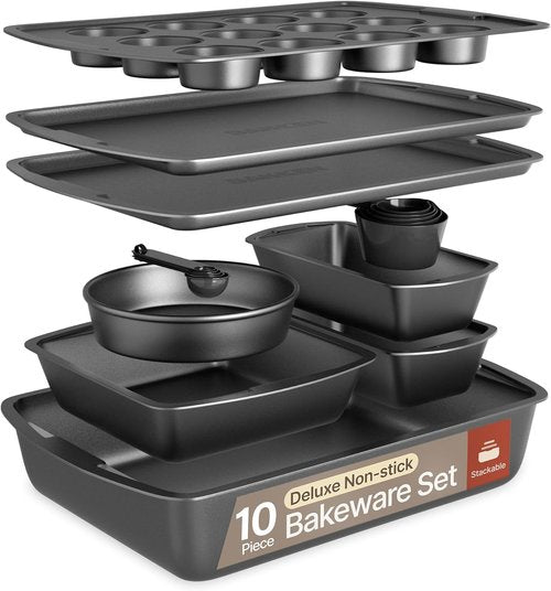 Gray 10-Piece Bakeware Set | Nonstick Carbon Steel Baking Sheets & Pans | Dishwasher Safe, Oven Safe Up to 450°F