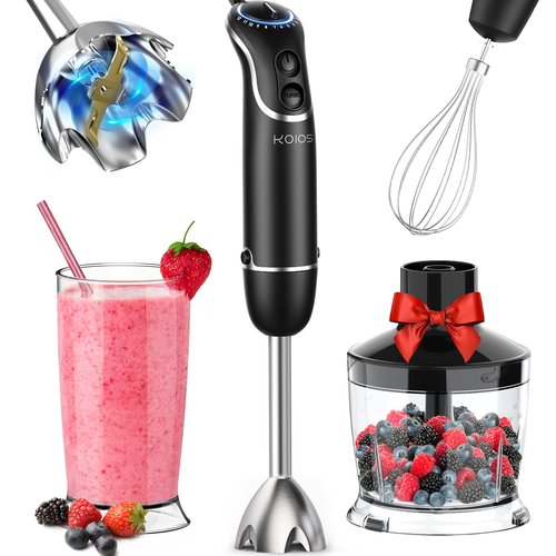 KOIOS 800-Watt/ 12-Speed Immersion Hand Blender(Titanium Reinforced), Turbo for Finer Results, 4-in-1 Set Includes BPA-Free Food Chopper / Egg Beater / Beaker, Ergonomic Grip, Detachable