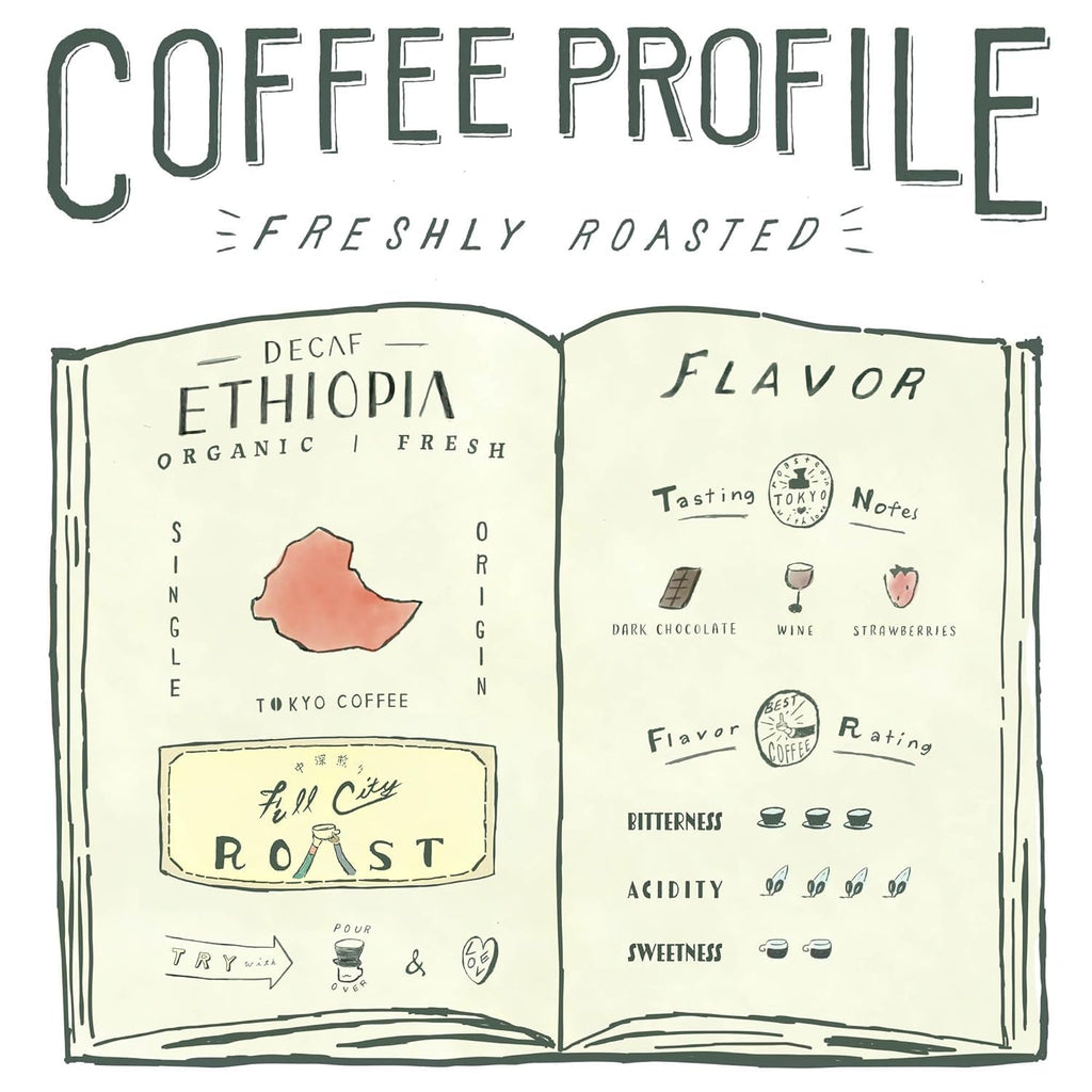 TOKYO COFFEE Organic Decaf Ethiopian Coffee Beans – 24oz Whole Bean, Medium Dark Roast (Full City), Mountain Water Process, Sidamo Guji, Dark Chocolate, Smooth & Balanced Flavor
