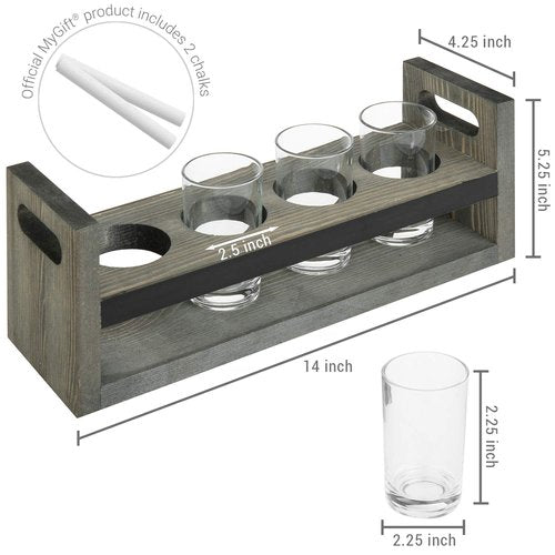 MyGift Vintage Gray Wood Beer Flight Sampler Serving Tray Caddies with Chalkboard Panels & 4 Tasting Glasses, Set of 2