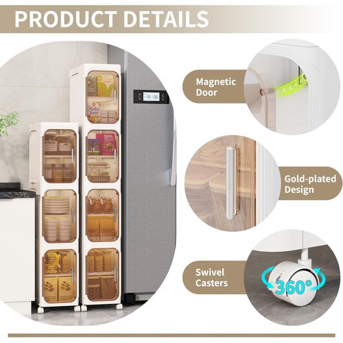 KHNR 4-Tiers Slim Bathroom Storage Cabinet, Foldable Storage Cabinets,Narrow Bathroom Storage,Movable Bathroom Storage Organizer for Small Spaces,Bathroom,Kitchen,Laundry,Cream White