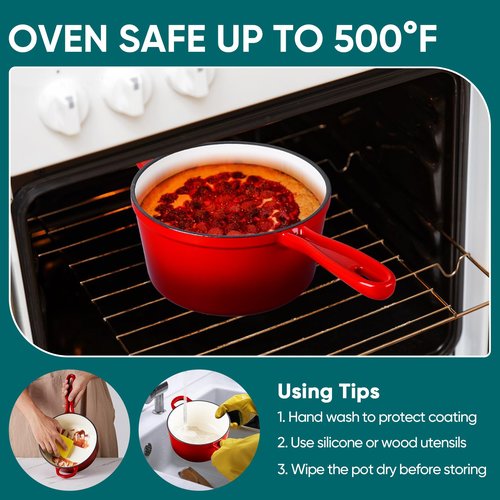 TeamFar 1+2QT Enameled Cast Iron Sauce Pan, Small Sauce Pot with Lid, Mini Dutch Oven Saucepan for Cooking/Simmering/Baking/Boiling, Sturdy & Nonstick, Oven Safe & Fit for Induction - Red