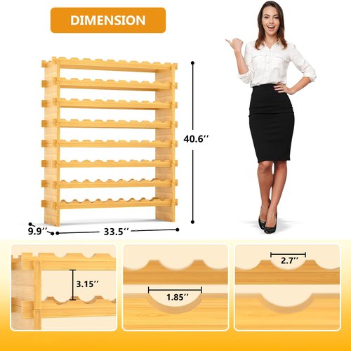 Bambition Bamboo Wine Rack Stackable, 8-Tier 72 Bottles Large Capacity, Modular Wine Storage Rack Free Standing, Floor Wine Display Shelf