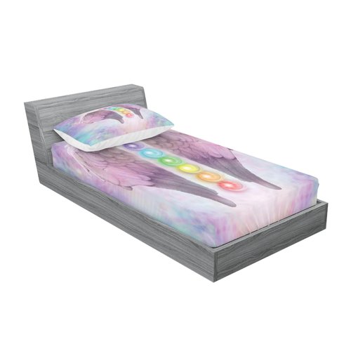 Ambesonne Angel Wings Fitted Sheet & Pillow Sham Set, Angelic Chakras Yoga Ethereal Pastel Psychedelic Theme, Decorative Printed 2 Piece Bedding Decor Set, Twinxl, Light Plum