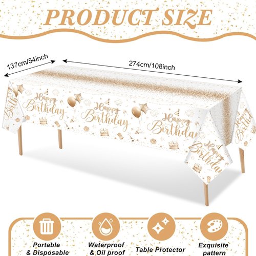 Tudomro 3 Pcs Happy Birthday Tablecloths Happy Birthday Party Decorations Plastic Table Cover Rectangular Cloths for Women Men Baby Shower Party Supplies, 108 x 54 Inch (Champagne)