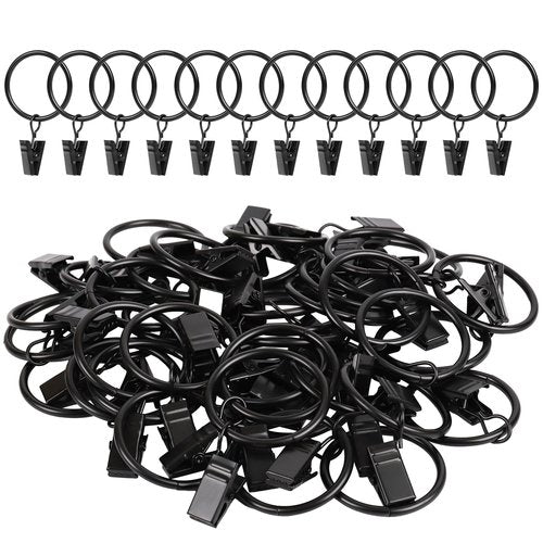 Manysky Curtain Rings with Clips, 42 Pack Metal Drapery Rings with Clips Hooks Hangers for Hanging Drapes Bows Hats, Drapes Rings 1.26 in Interior Diameter, Fits Up to 1 in Curtain Rod, Black