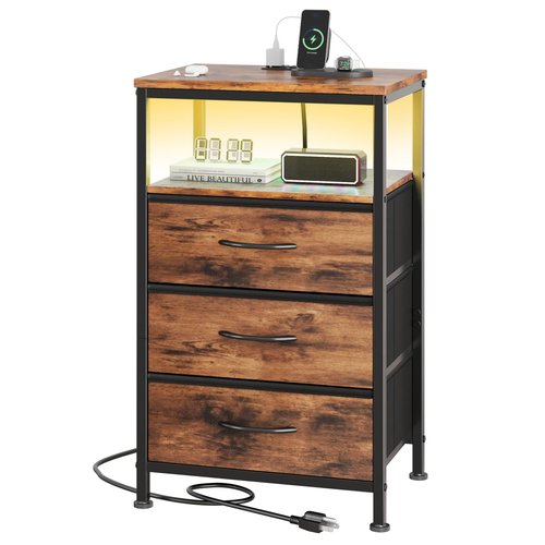 Sweetcrispy Nightstand with Charging Station, Bedside End Table with 3 Fabric Drawers & USB/Type-C Ports and Outlets, Night Stand for Bedroom Furniture, Adjustable Feet and Variable Light Strip, Rust