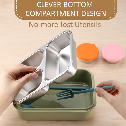 Ferrochef 3 Pack Stainless Steel Lunch Boxes 25 oz 3 Compartment Metal Bento Box with 3 Pcs Condiment Containers and Leakproof Lids for Office Outdoor and Gym, Dishwasher Safe