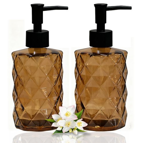 Brown Soap Dispenser, 12oz Black Pump Green Glass Soap Dispenser, Refillable Hand Liquid Dispenser Set, Lotion Dish Dispenser for Modern Home Decor, Bathroom, Kitchen Countertop(2 Pack)