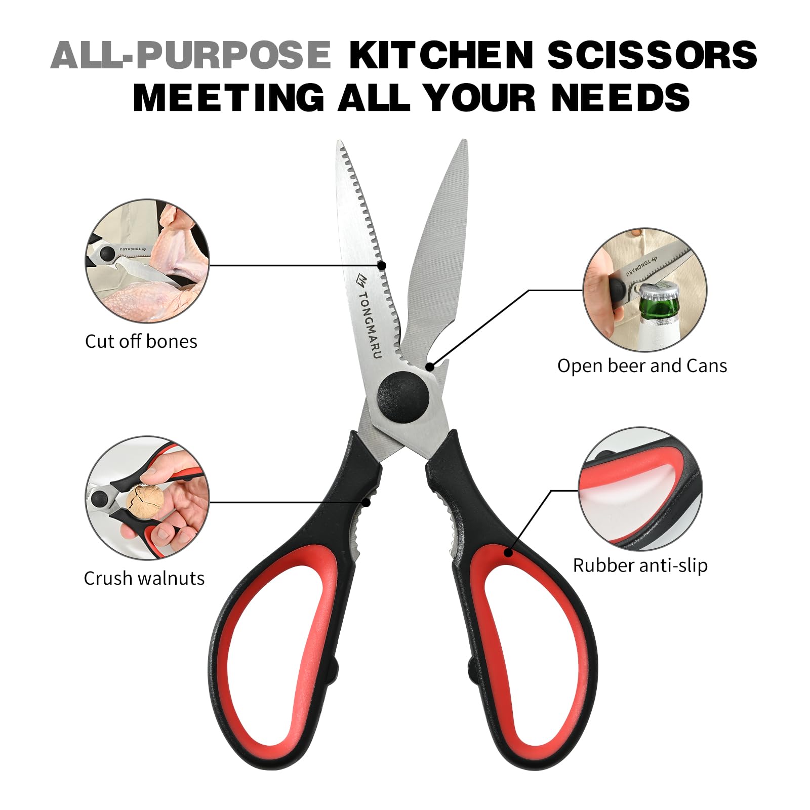 Kitchen Cooking Shears Heavy Duty Kitchen Scissor with, Detachable, All Purpose Scissors, Dishwasher Safe Scissors, Serrated Blades, Nutcracker and Bottle Opener function included (2 Pack)