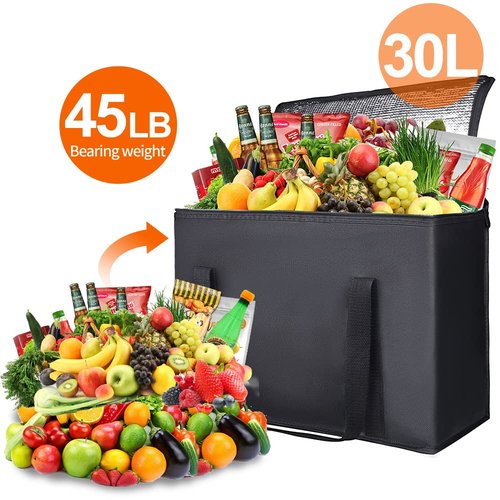 Bodaon 10-Pack Insulated Reusable Grocery Shopping Bag, X-Large Frozen Food Cold, Cooler Bags with Secure Top, Insulated Food/Pizza Delivery Bag, Black