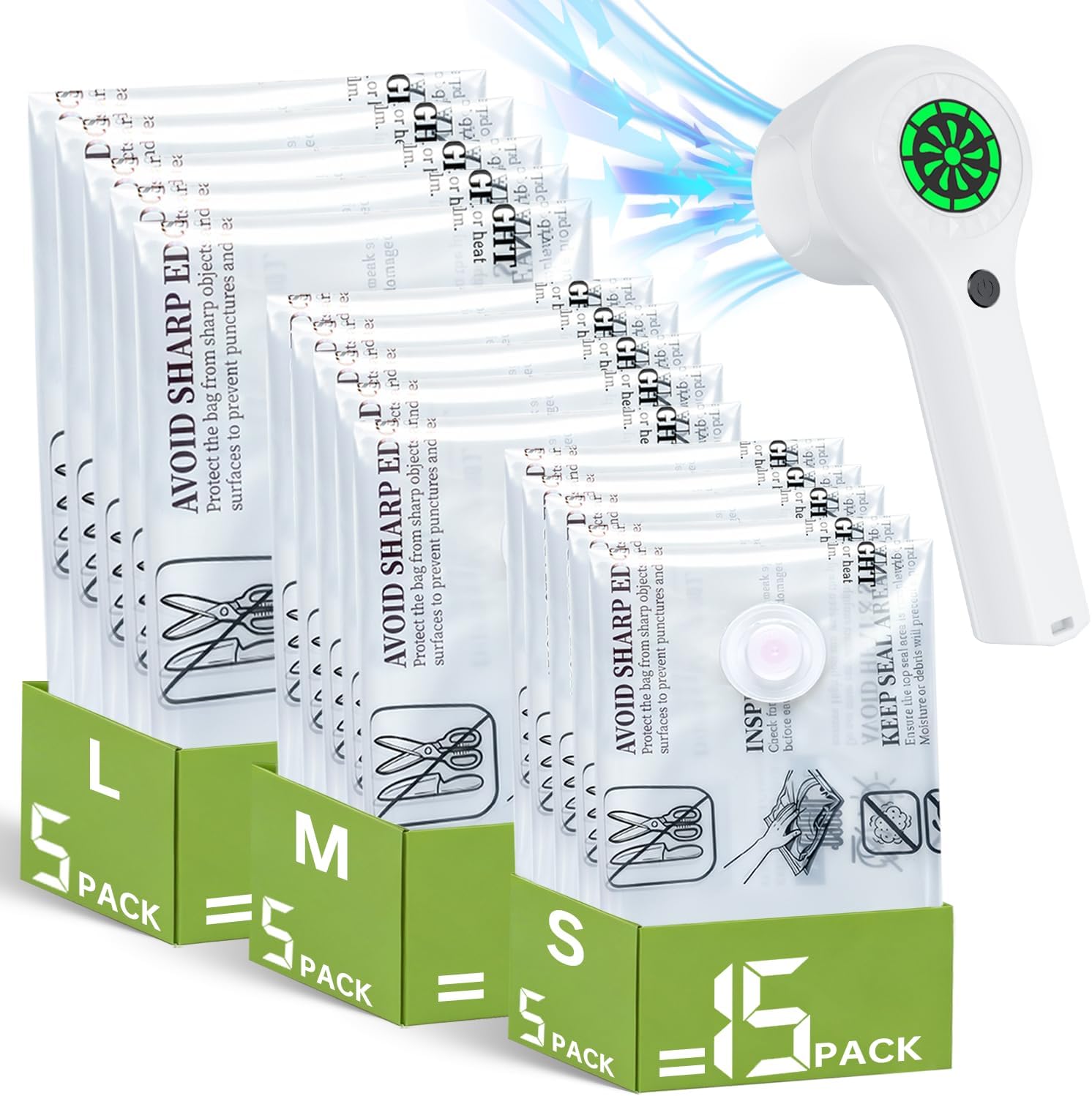 Skiennix Vacuum Storage Bags - 15 Pack with Rechargeable Cordless Pump for Travel & Home Organization