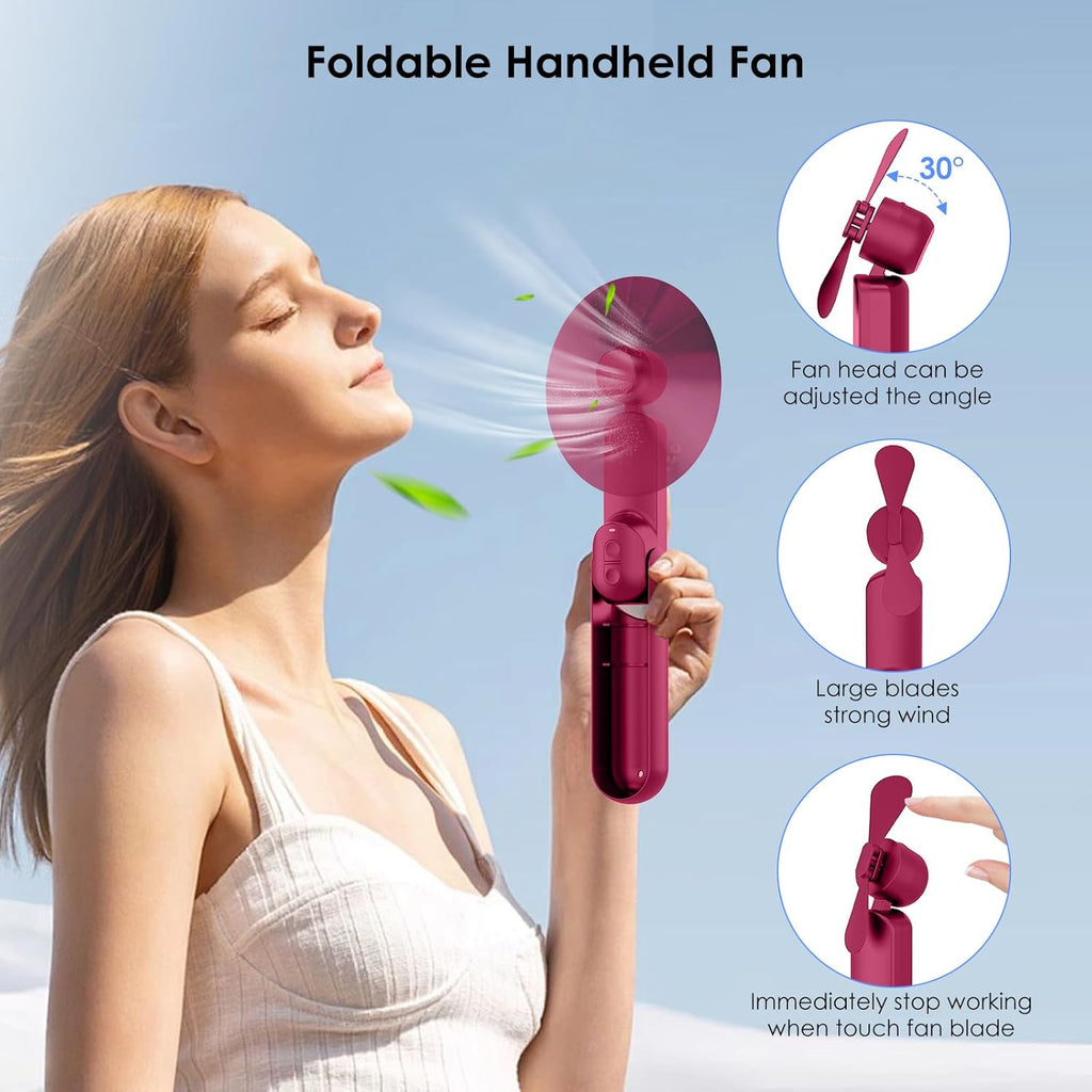 Skiennix 4-in-1 Portable Mini Handheld Fan - USB Rechargeable, Foldable Pocket Design, Ideal for Summer Concerts & Gifts (Red)