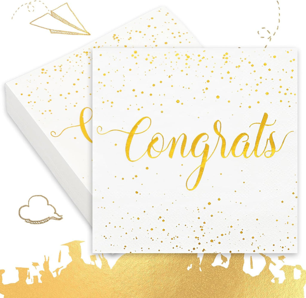 Whaline Cocktail Napkins - 80 Pcs White Gold Foil Congrats Design | Perfect for Graduation & Celebrations