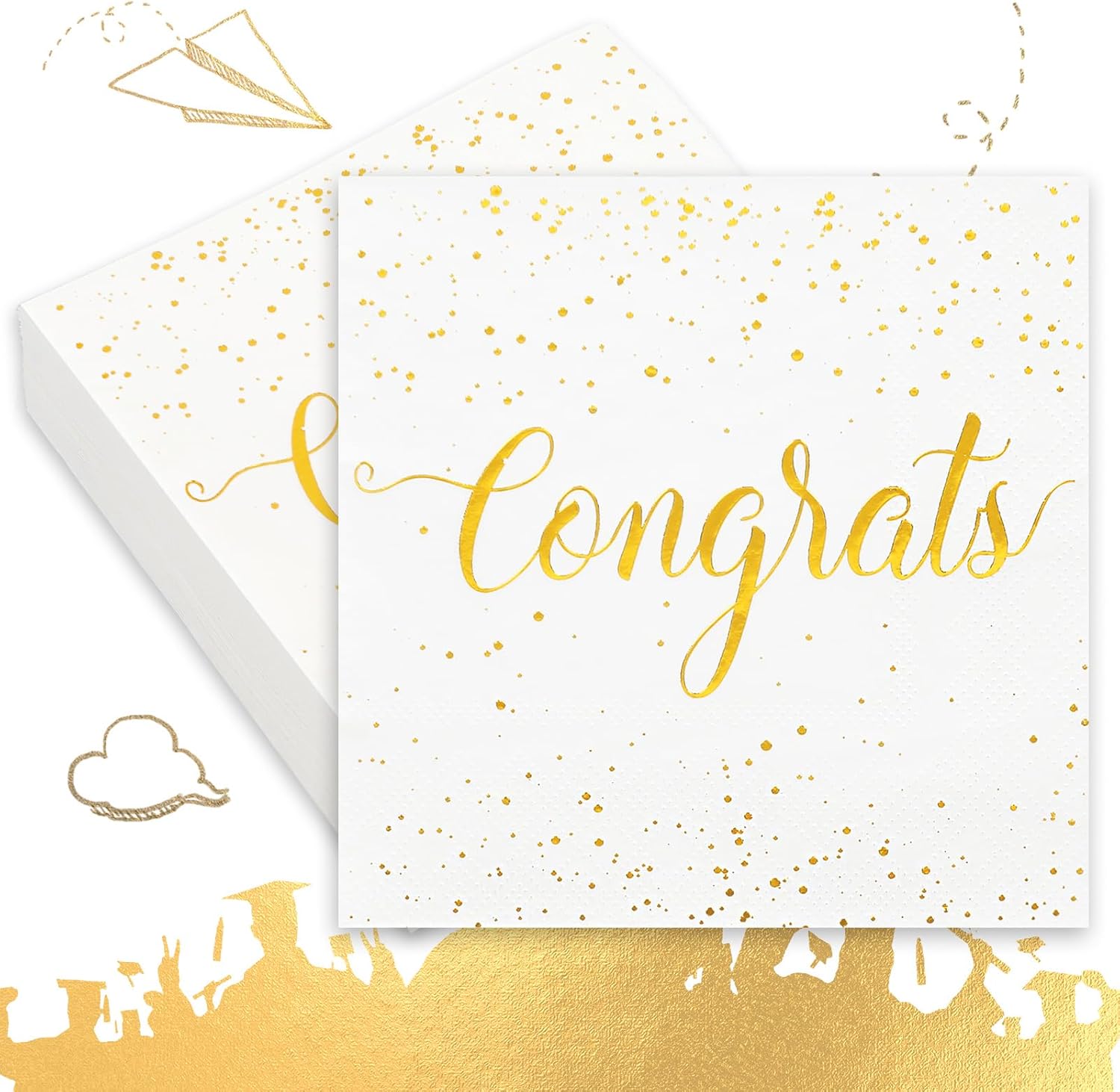 Whaline Cocktail Napkins - 80 Pcs White Gold Foil Congrats Design | Perfect for Graduation & Celebrations