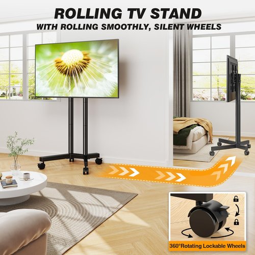 5Rcom Dual-Pole Rolling TV Stand for 32-75 inch LCD LED Flat & Curved TVs, Height Adjustable Portable TV Stand with Lockable Wheels, Mobile TV Cart up to 88lbs for Bedroom, Living Room, Outdoor
