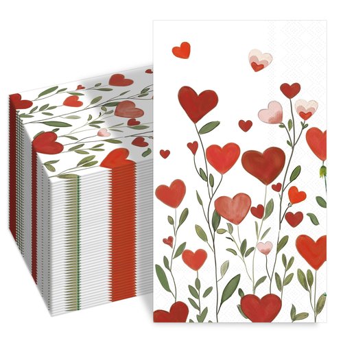 SMUAENSS 100Pcs Valentine's Day Guest Disposable Napkins - Watercolor Heart Floral Vine Design in Red & Pink, 3 Ply Dinner Hand Towels Heart Bathroom Napkins for Wedding Anniversary Party Table Decor