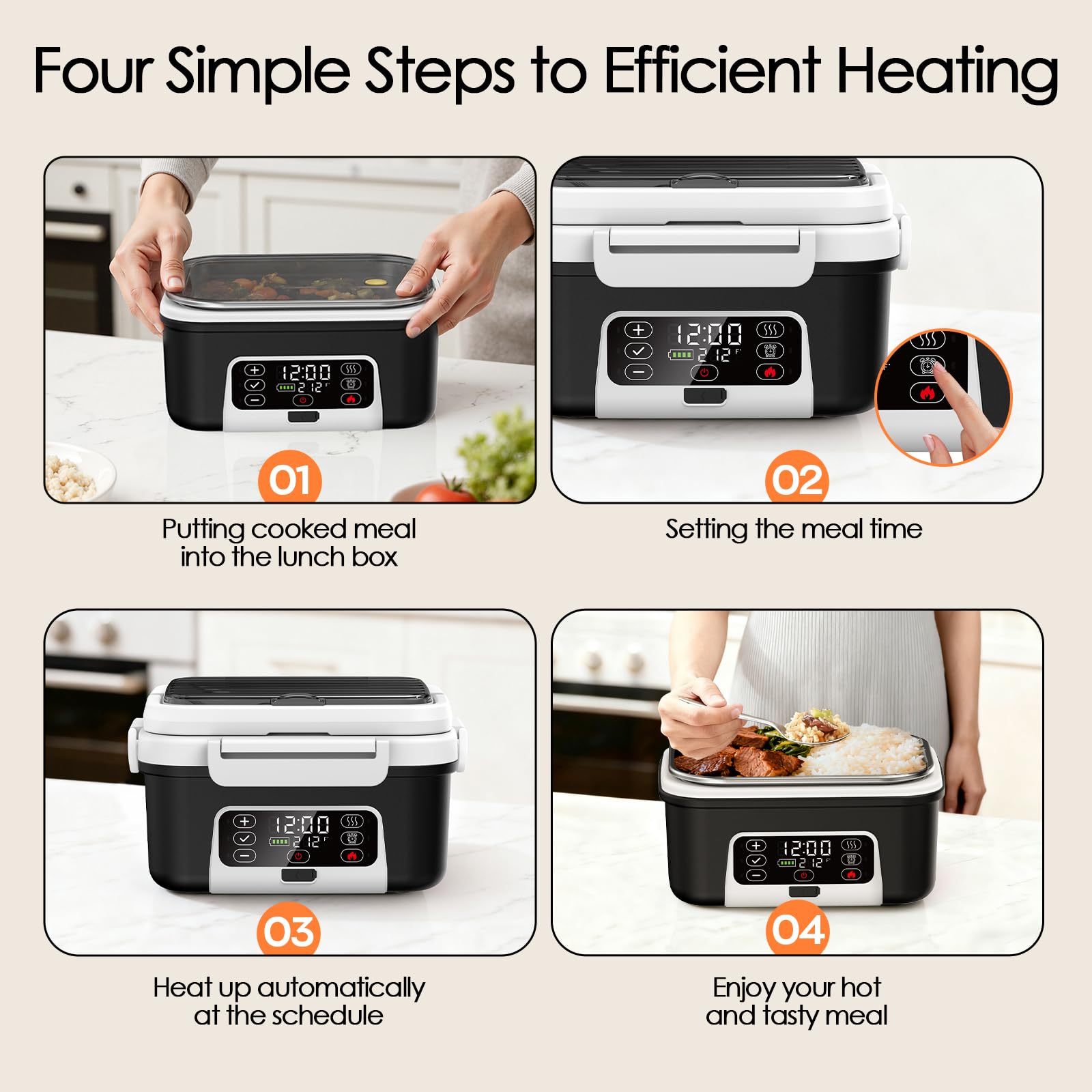 Odopok Cordless Electric Lunch Box, 6.3 Cup 100W Heated Lunch Box with 20000mAH Battery Powered for Self Heating, Including Fork Spoon and Insulated Bag for Men Women Adults, BPA Free(Black+White)
