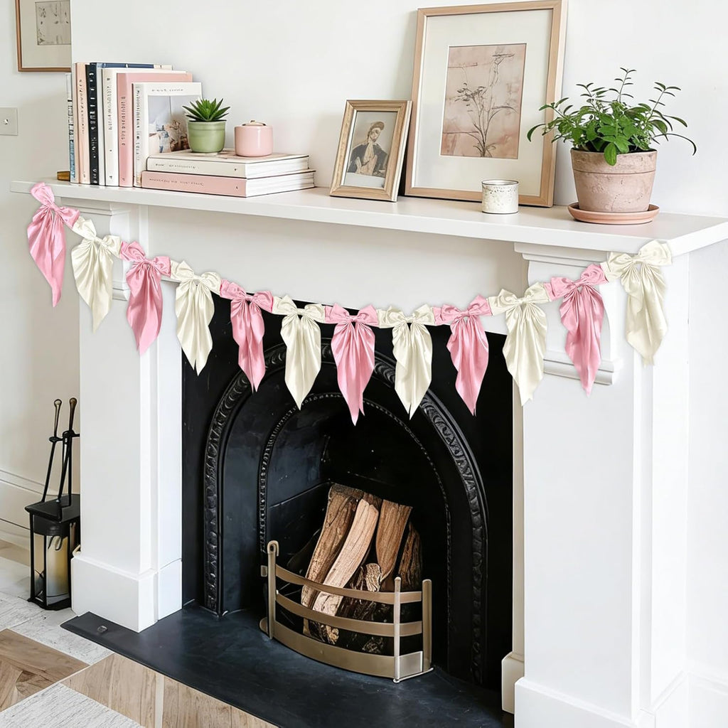 White Pink Bow Garland Banner - Satin Ribbon Decor for Fireplace | Perfect for Bachelorette, Bridal Shower, Birthday, and Wedding Parties