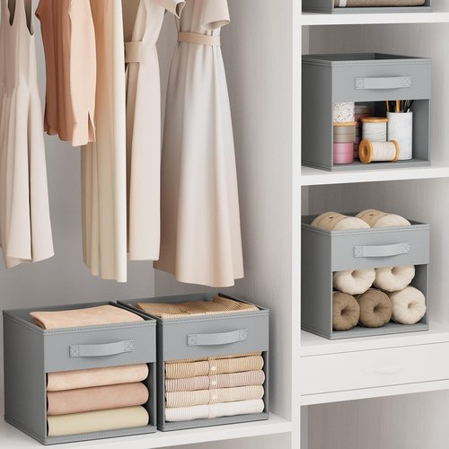 DIMJ Storage Cubes - 11x11 Inch Collapsible Storage Bins with Window - 6 Pack Grey Organizers for Clothes, Toys, and Books